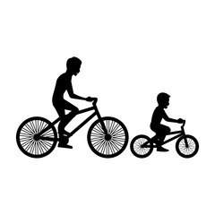 Fototapeta na wymiar black silhouette design with isolated white background of father and son cycling