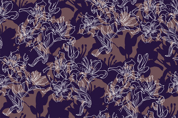 White outline Chrysanthemum flowers, silhouettes, buds and leaves of black Lily flowers. Elegant wavy seamless pattern drawn by hand on dark background. 