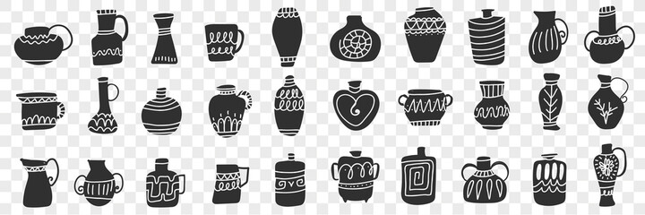 Jugs and containers doodle set. Collection of hand drawn dark silhouettes of clay jugs and mugs of various shapes and styles isolated on transparent background