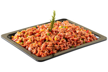 Raw diced meat and vegetables and cooking meat isolated on white background. Dana tantuni