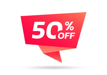 50% sale or discount tag, sticker or origami label. 50 percent price off badge. Promotion, ad banner, promo coupon design element. Vector illustration.