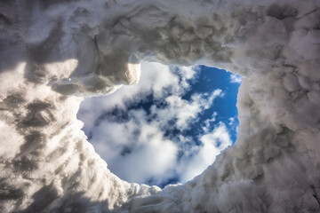 Beautiful blue sky view from the snow igloo at sunny day. Poland