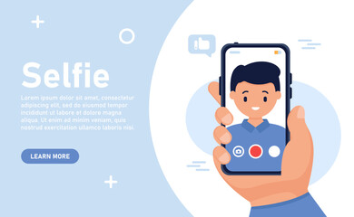 Web banner concept. Man taking selfie photo on smartphone. Male face portrait on smartphone screen. Vector flat illustration. Selfie video of man, posing self-portrait, smartphone in hand.