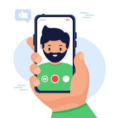 Man taking selfie photo on smartphone. Male face portrait on smartphone screen. Vector flat illustration. Selfie video of man, photographing young guy, posing self-portrait, smartphone in hand.