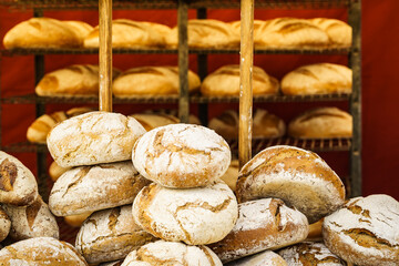 Many rustic fresh bread loaves