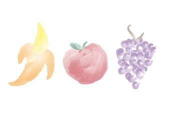 Watercolor fruit, banana, apple and grapes
