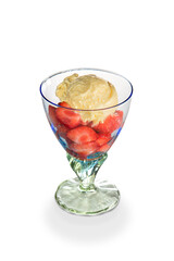 sliced strawberries with ice cream in glass isolated on white background