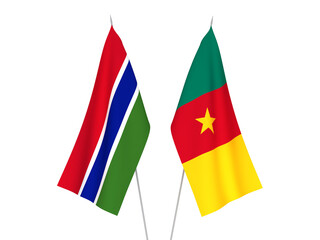 National fabric flags of Republic of Gambia and Cameroon isolated on white background. 3d rendering illustration.