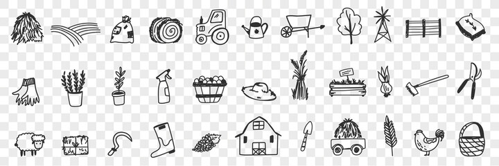 Farming tools and equipment doodle set. Collection of hand drawn tractor hay farm animals house basket harvesting sheep plants watering can shovel boots for farming isolated on transparent background