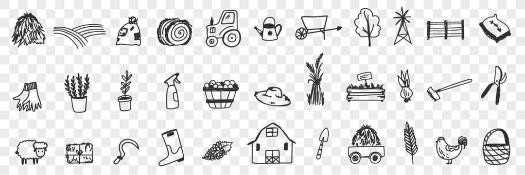 Farming Tools And Equipment Doodle Set. Collection Of Hand Drawn Tractor Hay Farm Animals House Basket Harvesting Sheep Plants Watering Can Shovel Boots For Farming Isolated On Transparent Background