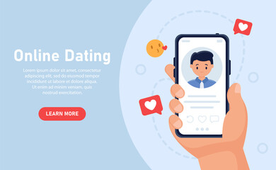 Vector web banner concept. Hand holds smartphone with profile of a man. Dating app. The concept of social networks, virtual communication of relations. Young people are looking for a couple.