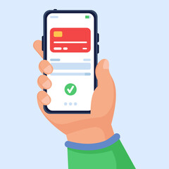 Vector illustration concept for online payment. The hand holds a smartphone on which the application with payment is open. Successful money transfer. Can be used for websites and mobile applications.