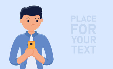 Vector illustration concept with place for your text. A man with a smartphone looks at the text in the empty space. Can be used on websites and mobile applications. A man with a frustrated look.