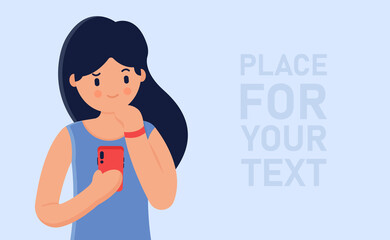 Vector illustration concept with place for your text. A girl with a smartphone looks at the text on the empty space. Can be used on websites and mobile applications. A girl with an interested look.