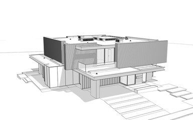 3d rendering of modern cozy house with parking and pool for sale or rent with wood plank facade.  Black line sketch with soft light shadows on white background.