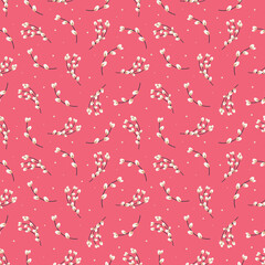 Willow seamless pattern. Easter pattern with willow twigs on a pink background. Design for paper, textile, scrapbooking, printing. Vector illustration