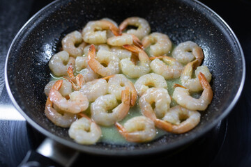 Shrimps baked In a pot Plate. Side View, Close Up