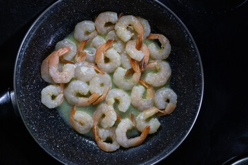 Shrimps baked In a pot Plate. Side View, Close Up