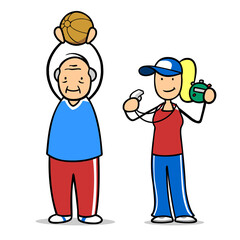 Frau als Fitness Trainerin unterstützt Senior mit Medizinball im Training