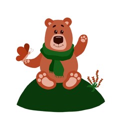 Obraz na płótnie Canvas Cute cartoon Bear in a green scarf waving his hand sitting on a flower lawn. Childish print. Kid’s illustration 