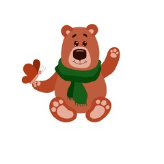 Cute cartoon Bear in a green scarf waving his hand. Childish print. Kid’s illustration 