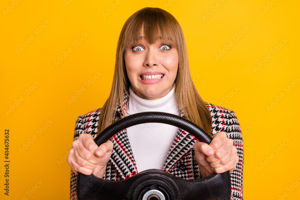 Poster Portrait of horrified person hands holding steer teeth grin look camera isolated on yellow color background