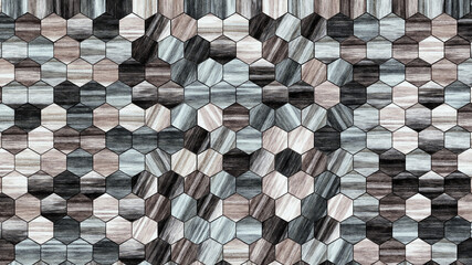 Wooden wall background. Grey wood pattern. Modern wood template. Hexagonal wooden pattern. 3d illustration.