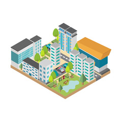 Cityscape with traffic and park isometric. Landscape icon. Vector illustration.