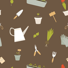 Vector seamless pattern with garden tools on brown background. For wallpapers, decoration, invitation, fabric, textile and print, cover, gift and wrapping paper.