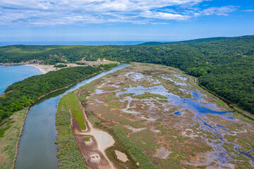 Aerial view of estuary of the Ropotamo river in Bulgaria