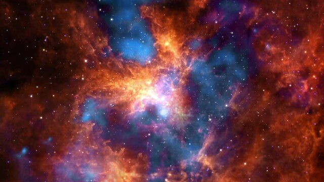 The Tarantula Nebula or 30 Doradus in Magellanic Cloud exploration on deep space. 4K Flight 3D animation. Traveling through star fields and galaxies in outer space. Elements furnished by NASA image.