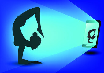 Online yoga is doing physical exercise, take online classes on laptop, Home activity vector illustration.