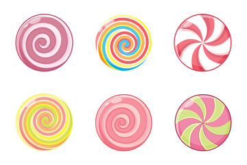 Christmas round candy set. Mint striped sweets without wrapper. Vector illustration isolated on white background