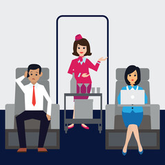 Obraz premium flight attendants on airplane business class cabin with passengers doing work on airplane business class cabin. vector illustration