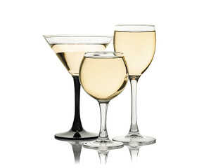Liquid in wine and cocktail glasses isolated on white background