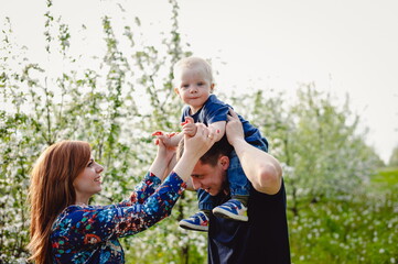 Happy parents and baby vacation together outdoors. Happy young family having picnic in spring garden, park. Dad holds his one-year-old son in his arms. Family holiday.