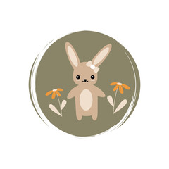 Cute logo or icon vector with daisy flowers and rabbit, illustration on circle with brush texture, for social media story and highlights
