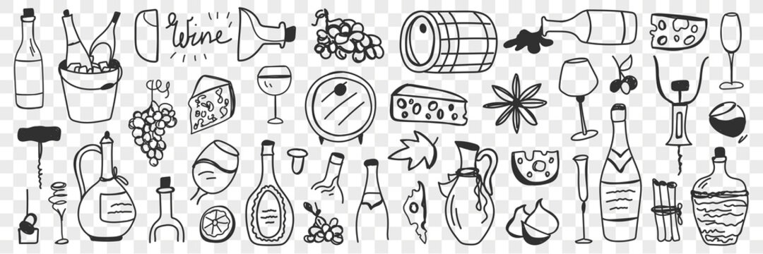 Goods for wine making doodle set. Collection of hand drawn barrels grapes jugs bottles glasses cheese bungs corkscrew bottles for wine producing and tasting isolated on transparent background