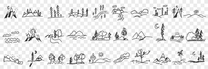 Nature landscapes and scenics doodle set. Collection of hand drawn landscapes of trees forests mountains valleys beach and seascape in silhouettes isolated on transparent background © drawlab19