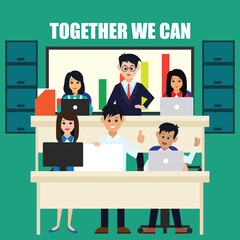 Fototapeta na wymiar team work business concept showing team work man and woman while working in room with office interior, vector illustration