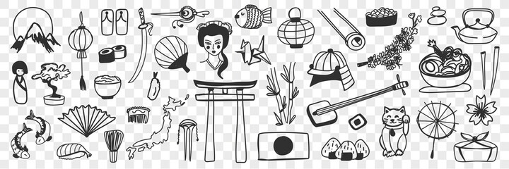 Japanese traditional symbols doodle set. Collection of hand drawn Japanese oriental asian sakura geisha fan foods sabo shoes tea in pot origami netsuke sushi isolated on transparent background © drawlab19