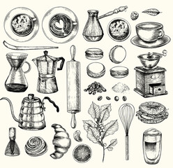 Coffeeshop and bakery set. Hand drawn coffee, matcha, croissant, macaron, kettle, mug, chasen, beans, food and barista equipment. Vector engraved icon set. Restaurant branding template, menu design.