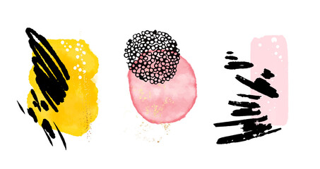 Watercolor circle color scheme yellow pink, colorful acrylic ink circles,  hand painted round shapes, black stains, transparent blobs isolated on white. Illustration for artistic design