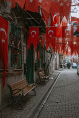 Fototapeta na wymiar Istanbul, Turkey - 03 February 2021: turkish flags on the street