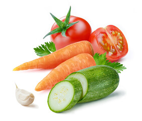 vegetables assorti with zucchinies carrots and  tomatoes isolated white backgound