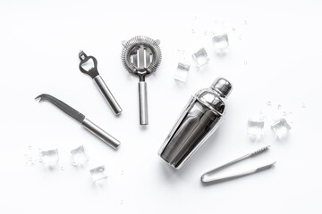 Barman equipment tools and cocktail ingredietns, top view