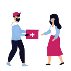 COVID-19. Coronavirus. A delivery man in a protective medical mask delivers medicaments.