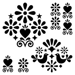 Mexican folk art vector designn elements and patterns, black and white motifs with flowers, birds, hearts
 