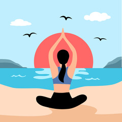 A woman doing yoga on the beach concept vector illustration. Healthy lifestyle, physical exercise in flat design. Female cartoon character fitness activity.