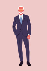 An elderly confident man wearing in a business suit stands at full height. A stylish grandfather is smiling. Happy old age. Vector flat illustration
